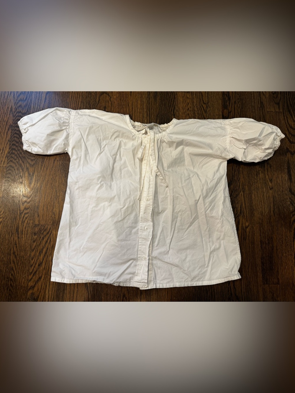 Caron Callahan Tie Neck White Cotton Blouse Women Short Puff Sleeve Size XS